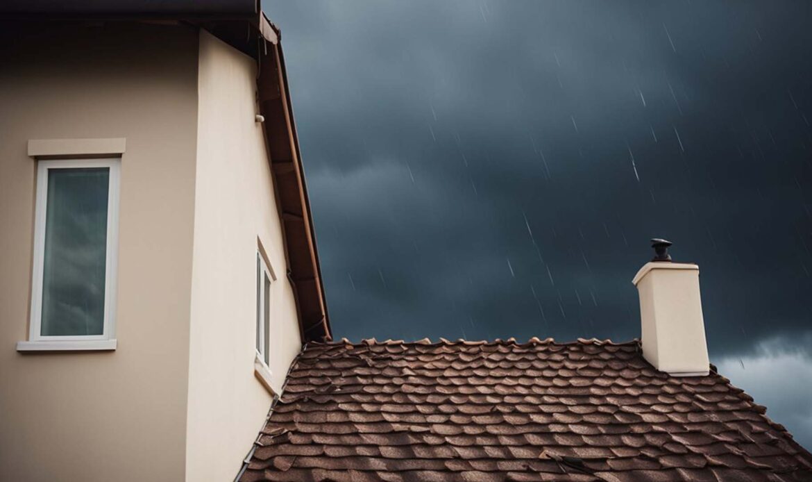 A house with a brown shingle roof under heavy rain and dark storm clouds in the background.