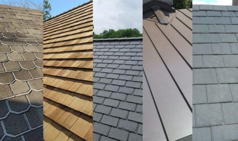 Five types of roofing materials side by side, showcasing asphalt shingles, wood shakes, slate, metal, and concrete tiles.