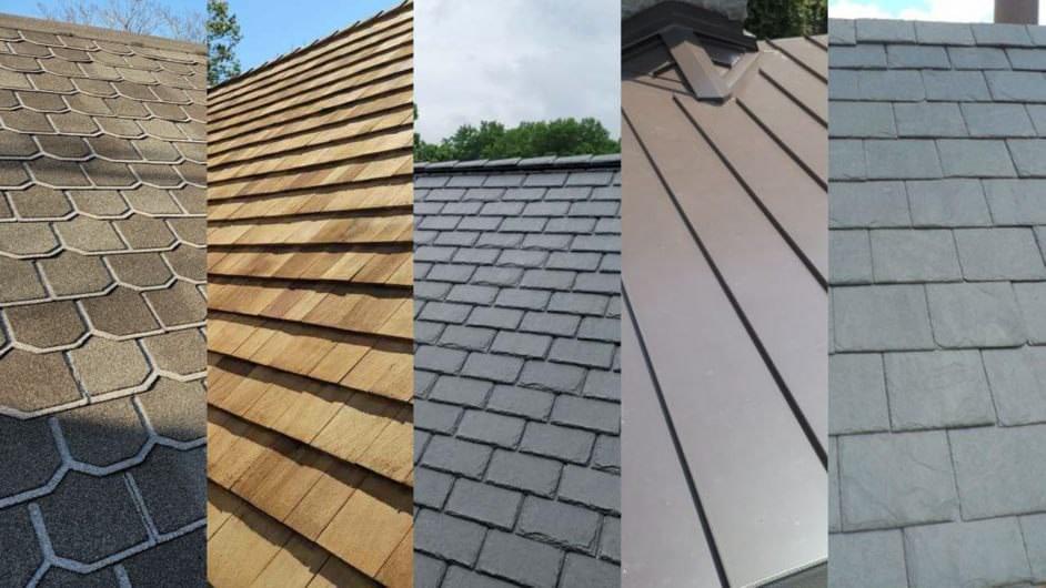 Five types of roofing materials side by side, showcasing asphalt shingles, wood shakes, slate, metal, and concrete tiles.