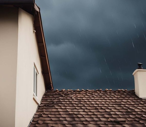 A house with a brown shingle roof under heavy rain and dark storm clouds in the background.