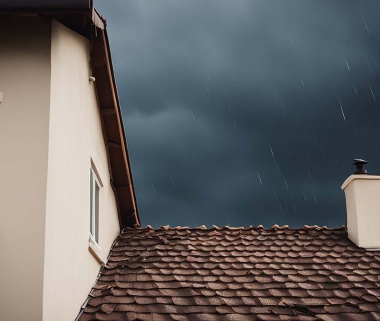 A house with a brown shingle roof under heavy rain and dark storm clouds in the background.