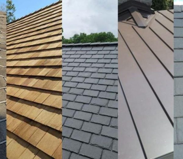 Five types of roofing materials side by side, showcasing asphalt shingles, wood shakes, slate, metal, and concrete tiles.