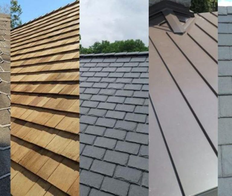 Five types of roofing materials side by side, showcasing asphalt shingles, wood shakes, slate, metal, and concrete tiles.